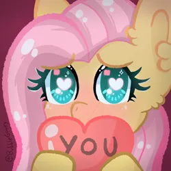 Size: 2000x2000 | Tagged: safe, artist:bubblegooey, derpibooru import, fluttershy, pegasus, pony, adorable face, blushing, bust, cute, ear blush, ear fluff, embarrassed, eyelashes, female, g4, glow, glowing eyes, green eyes, heart, heart eyes, high res, holding, image, looking at you, mare, pink mane, png, portrait, shy, shyabetes, signature, simple background, solo, text, wingding eyes, yellow coat