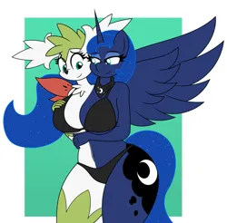 Size: 901x887 | Tagged: suggestive, artist:mlpconjoinment, derpibooru import, princess luna, alicorn, anthro, hybrid, pegasus, shaymin, bed, belly, big breasts, black bra, black panties, black underwear, bra, breasts, busty princess luna, chest fluff, clothes, commission, conjoined, cute, duo, duo female, female, fusion, hand on breasts, hand on chest, hypnosis, image, jpeg, looking at you, love, multiple heads, mythical pokémon, one winged pegasus, panties, pokémon, shy, socks, thigh highs, thighs, two heads, two heads are sexier than one, underwear