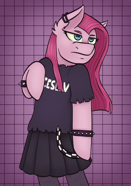 Size: 1689x2388 | Tagged: safe, artist:theedgyduck, derpibooru import, pinkie pie, earth pony, pony, semi-anthro, arm hooves, bipedal, bracelet, clothes, ear piercing, female, g4, image, mare, piercing, pinkamena diane pie, png, punk, punkamena, punkie pie, redraw, shirt, simple background, socks, solo, song reference, spiked wristband, standing on two hooves, standing up, t-shirt, wristband