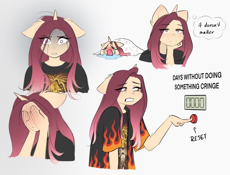 Size: 2048x1564 | Tagged: safe, artist:katputze, derpibooru import, oc, oc:crimson sunset, unofficial characters only, anthro, pony, unicorn, blanket, blushing, button, clothes, covering face, crying, eye clipping through hair, eyebrows, eyebrows visible through hair, female, gritted teeth, hand on chin, image, jacket, jpeg, mare, simple background, solo, teeth, thought bubble, white background