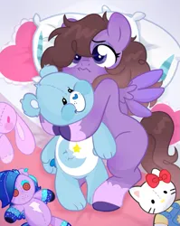 Size: 623x781 | Tagged: safe, artist:licorice_cookie, derpibooru import, oc, oc:briar mist, pegasus, pony, g5, arpeggia, bed, bedtime bear, blank flank, care bears, coat markings, commissioner:briarlight, curly hair, cute, hello kitty, hello kitty (character), image, kitty white, pillow, plushie, png, socks (coat marking), solo, wings