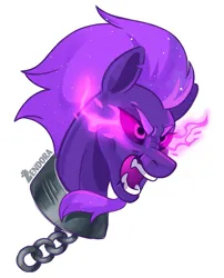 Size: 1607x1988 | Tagged: safe, alternate version, artist:zendora, oc, oc:nocturne comet, unofficial characters only, earth pony, pony, angry, bust, chains, collar, earth pony oc, image, male, open mouth, png, simple background, solo, sombra eyes, stallion, white background