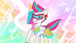 Size: 3072x1727 | Tagged: safe, derpibooru import, screencap, zipp storm, pegasus, pony, g5, my little pony: tell your tale, spoiler:g5, spoiler:my little pony: tell your tale, spoiler:tyts02e02, female, goggles, grin, heavy is the mane that wears the fruit crown, image, jpeg, mare, smiling, solo