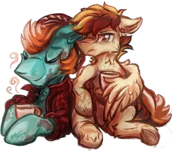 Size: 597x521 | Tagged: safe, artist:tiothebeetle, derpibooru import, oc, unofficial characters only, earth pony, pegasus, pony, angry, food, grumpy, hat, image, male, png, red shirt, simple background, smiling, tea, transparent background