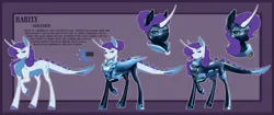 Size: 2048x860 | Tagged: safe, artist:parrpitched, derpibooru import, rarity, oc, oc:rarity(prisoners of the moon), dracony, dragon, hybrid, unicorn, dragoness, female, fireheart76's latex suit design, hybrid pony, image, jpeg, latex, latex suit, prisoners of the moon, pronouns, redesign, reference sheet, rubber, rubber suit, scales