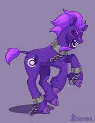 Size: 1573x2048 | Tagged: safe, artist:zendora, oc, oc:nocturne comet, unofficial characters only, earth pony, pony, angry, beard, chains, collar, cuffs, cutie mark, eyebrows, facial hair, fangs, frown, image, leonine tail, male, open mouth, png, purple sclera, running, short tail, simple background, solo, stallion, unshorn fetlocks