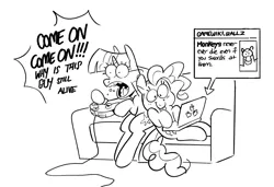 Size: 1098x753 | Tagged: safe, artist:kyssimmee, derpibooru import, pinkie pie, twilight sparkle, earth pony, pony, unicorn, black and white, computer, controller, dexterous hooves, duo, female, grayscale, hoof hold, image, laptop computer, mare, monochrome, open mouth, png, simple background, tongue out, unicorn twilight, white background