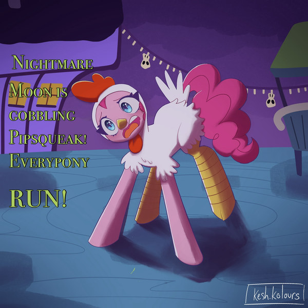 Size: 1773x1773 | Tagged: safe, artist:keshkolours, derpibooru import, pinkie pie, earth pony, pony, luna eclipsed, animal costume, chicken suit, clothes, costume, female, g4, image, nightmare night, nightmare night costume, png, solo