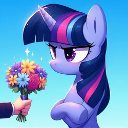 Size: 1024x1024 | Tagged: prompter needed, source needed, safe, ai content, derpibooru import, machine learning generated, twilight sparkle, human, pony, bouquet of flowers, female, flower, gradient background, hand, image, jpeg, mare, twilight sparkle is not amused, unamused