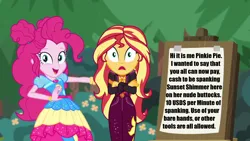 Size: 1920x1080 | Tagged: safe, derpibooru import, edit, edited screencap, screencap, pinkie pie, sunset shimmer, human, equestria girls, equestria girls series, sunset's backstage pass!, spoiler:eqg series (season 2), accessory, belt, bush, canvas, clothes, dollar sign, dress, eyebrows, eyelashes, eyes open, flower, forest, g4, geode of empathy, geode of sugar bombs, hair bun, image, imminent spanking, impact font, jacket, leather, leather jacket, leather pants, looking, looking at you, magical geodes, music festival outfit, nature, numbers, open mouth, outdoors, outfit, pants, png, selling, shirt, sign, symbol, t-shirt, template, text, text edit, this will end in pain, this will end in tears, tree, wall of tags, wristband