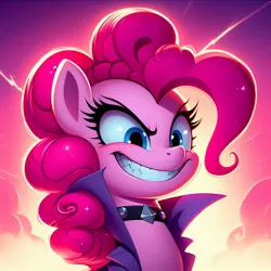 Size: 1024x1024 | Tagged: source needed, safe, ai content, derpibooru import, machine learning generated, prompter:doomguy397, pinkie pie, earth pony, pony, g4, big grin, choker, clothes, evil grin, female, grin, image, jacket, jpeg, mare, popped collar, smiling, solo, sparkly mane