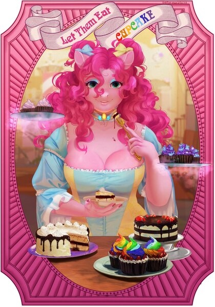 Size: 1181x1688 | Tagged: safe, artist:mifionn, derpibooru import, pinkie pie, anthro, earth pony, pony, breasts, busty pinkie pie, cake, choker, cleavage, clothes, cupcake, dress, female, food, fork, image, jpeg, looking at you, mare, solo