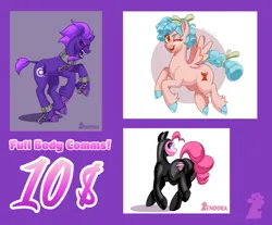 Size: 2048x1694 | Tagged: safe, artist:zendora, cozy glow, pinkie pie, oc, oc:nocturne comet, earth pony, pegasus, pony, advertisement, catsuit, chains, clothes, collar, commission info, cuffs, cutie mark, earth pony oc, ethereal mane, flying, image, latex, leonine tail, older, older cozy glow, png, running, short tail, starry mane, torn clothes, unshorn fetlocks, winking at you