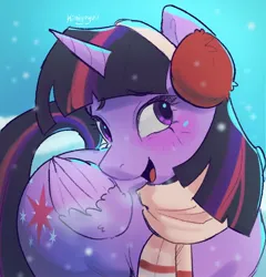 Size: 1314x1366 | Tagged: safe, artist:kimiyoyuu, derpibooru import, twilight sparkle, twilight sparkle (alicorn), alicorn, pony, clothes, cute, earmuffs, gradient background, image, jpeg, open mouth, open smile, scarf, smiling, snow, snowfall, solo, turned head, twiabetes, winter outfit