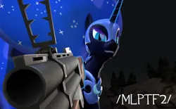 Size: 3145x1944 | Tagged: safe, artist:xafilah, derpibooru import, nightmare moon, alicorn, pony, /mlp/, /mlp/ tf2 general, 3d, 4chan, forest, forest background, gmod, grenade launcher, image, loch-n-load, looking at you, magic, night, perspective, png, solo, source filmmaker, telekinesis, tree, weapon