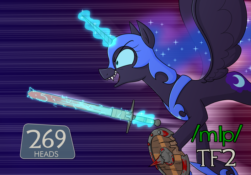 Size: 2400x1675 | Tagged: safe, nightmare moon, alicorn, /mlp/, /mlp/ tf2 general, 4chan, >:), blood, eyelander, fangs, image, magic, outstretched wings, png, speed lines, telekinesis