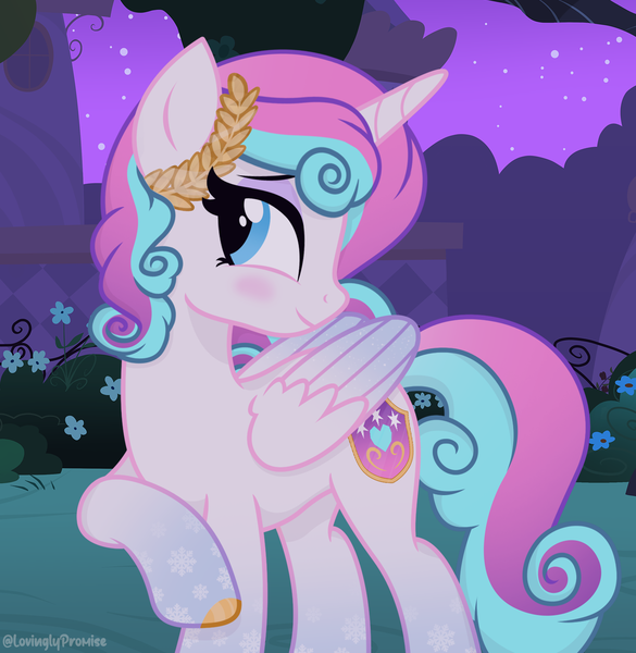 Size: 1472x1511 | Tagged: safe, artist:lovinglypromise, derpibooru import, oc, oc:lovely promise, unofficial characters only, pony, canterlot, canterlot gardens, date, date night, dinner, female, flirting, garden, image, looking at you, night, not flurry heart, offspring, parent:princess cadance, parent:shining armor, parents:shiningcadance, png, seductive look, seductive pose, smiling, smiling at you, snow, snowflake, solo