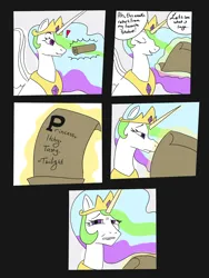 Size: 1536x2048 | Tagged: safe, anonymous artist, ponerpics import, princess celestia, comic, concerned, drawthread, friendship report, image, implied twilight sparkle, oh no, png, resident evil