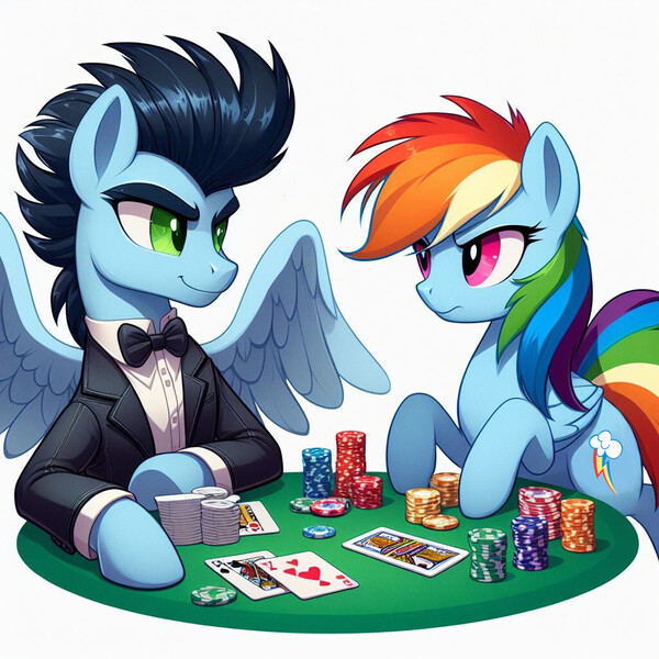 Size: 1024x1024 | Tagged: safe, ai content, derpibooru import, machine learning generated, prompter:*rainbow dash*, rainbow dash, soarin', clothes, female, g4, generator:bing image creator, image, jpeg, male, poker, shipping, simple background, smiling, soarindash, straight, suit, unamused, white background