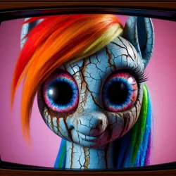 Size: 1024x1024 | Tagged: grimdark, ai content, derpibooru import, machine learning generated, prompter:morishy1000, rainbow dash, pegasus, pony, bloodshot eyes, cracks, g4, generator:dall-e 3, horror, image, jpeg, looking at you, nightmare fuel, simple background, smiling, solo, television