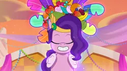 Size: 3072x1727 | Tagged: safe, derpibooru import, screencap, pipp petals, pegasus, pony, g5, my little pony: tell your tale, spoiler:g5, spoiler:my little pony: tell your tale, spoiler:tyts02e02, eyes closed, female, grin, heavy is the mane that wears the fruit crown, image, jpeg, mare, smiling, solo