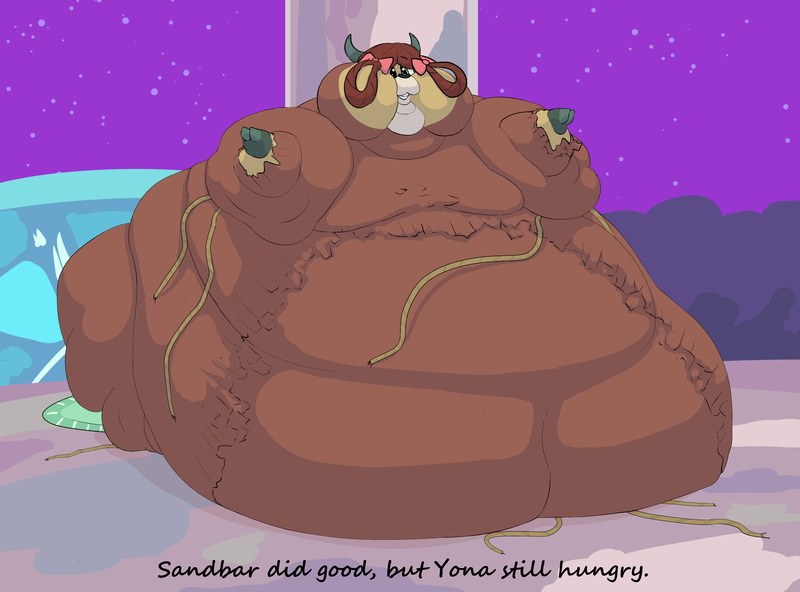 Size: 3388x2508 | Tagged: questionable, artist:lupin quill, derpibooru import, yona, yak, she's all yak, belly, big belly, bingo wings, chest fluff, fat, fat yona, feedee, female, flabby chest, g4, grin, huge belly, image, immobile, implied sandbar, implied shipping, implied straight, implied yonabar, impossibly large belly, interspecies, morbidly obese, multichin, obese, offscreen character, png, rolls of fat, rope, scene interpretation, shipping, smiling, solo, solo female, weight gain