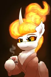Size: 1600x2400 | Tagged: safe, artist:gosha305, derpibooru import, daybreaker, alternate hairstyle, black background, cheek fluff, coffee, coffee mug, curved horn, cute, dark background, digital art, dressing gown, ear fluff, fangs, female, fluffy, folded wings, g4, hoof hold, horn, image, mane on fire, mug, png, simple background, solo, tired, wings