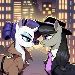 Size: 2048x2048 | Tagged: safe, ai content, derpibooru import, machine learning generated, stable diffusion, octavia melody, rarity, earth pony, pony, unicorn, alternate hairstyle, alternate universe, building, city, cityscape, clothes, coat, detective rarity, duo, duo female, fedora, female, frown, g4, generator:pony diffusion v6 xl, glare, hair bun, hat, high res, image, looking at each other, looking at someone, mafia, mafia octavia, manehattan, mare, necktie, night, nose wrinkle, outdoors, png, prompter:tyto4tme4l, road, standoff, suit, trenchcoat
