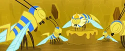 Size: 2642x1080 | Tagged: safe, composite screencap, derpibooru import, edit, edited screencap, screencap, bee, flash bee, insect, a health of information, eyes closed, g4, honeycomb (structure), image, png, queen bee