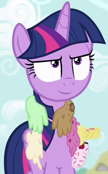 Size: 392x629 | Tagged: safe, derpibooru import, edit, edited screencap, editor:twilyisbestpone, screencap, twilight sparkle, twilight sparkle (alicorn), alicorn, pony, fame and misfortune, season 7, amused, cropped, female, food, g4, ice cream, image, inverted mouth, mare, png, smiling, solo, twilight is amused