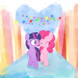 Size: 3000x3000 | Tagged: safe, artist:widelake, derpibooru import, pinkie pie, twilight sparkle, twilight sparkle (alicorn), alicorn, earth pony, blushing, duo, duo female, female, heart, image, ornament, png, simple background, snow, snowfall, street