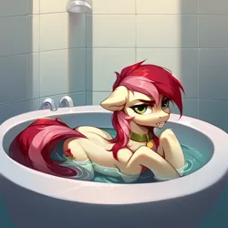 Size: 1024x1024 | Tagged: safe, ai content, derpibooru import, machine learning generated, prompter:doom9454, stable diffusion, roseluck, pony, angry, bath, behaving like a cat, collar, fangs, generator:purplesmart.ai, image, pet tag, png, pony pet, rosepet, water, wet, wet mane