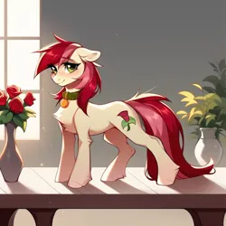 Size: 1024x1024 | Tagged: safe, ai content, derpibooru import, machine learning generated, prompter:doom9454, stable diffusion, roseluck, pony, behaving like a cat, collar, cute, flower, fluffy, generator:purplesmart.ai, image, pet tag, png, pony pet, rose, rosepet, standing, table, vase