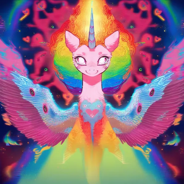 Size: 596x596 | Tagged: safe, ai content, derpibooru import, machine learning generated, prompter:barpy, stable diffusion, oc, oc:omnis, alicorn, cyborg, pony, angel, augmentation, aura, avalokitesvara, biblically accurate angels, bodhisattva, buddhism, caring, compassion, cosmic, cyberpunk, dissolving, divine, do not be afraid, energetic, energy, estacy, eye, eyes, eyes do not belong there, floating hearts, fluffy, genderless, generator:pony diffusion v6 xl, generator:purplesmart.ai, glow, glowing eyes, god, goddess, heart, high energy, image, kindness, looking at you, love, multicolored hair, multiple eyes, oneness, pink aura, pink fur, png, princess, prosthetic horn, prosthetics, psychedelic, queen, rainbow, rainbow hair, smiling, spiritual, spread wings, transhuman, universe, warm smile, white eyes, wings