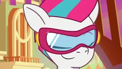 Size: 3072x1727 | Tagged: safe, derpibooru import, screencap, zipp storm, pegasus, pony, g5, my little pony: tell your tale, spoiler:g5, spoiler:my little pony: tell your tale, spoiler:tyts02e02, eyes closed, female, goggles, heavy is the mane that wears the fruit crown, image, jpeg, mare, smiling, solo