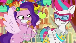 Size: 3072x1727 | Tagged: safe, derpibooru import, screencap, pipp petals, zipp storm, pegasus, pony, g5, my little pony: tell your tale, spoiler:g5, spoiler:my little pony: tell your tale, spoiler:tyts02e02, duo, duo female, eyebrows, female, flying, goggles, grin, heavy is the mane that wears the fruit crown, image, jpeg, mare, microphone, raised eyebrow, royal sisters (g5), siblings, sisters, smiling, spread wings, wings