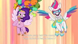 Size: 3072x1727 | Tagged: safe, derpibooru import, screencap, pipp petals, zipp storm, pegasus, pony, g5, my little pony: tell your tale, spoiler:g5, spoiler:my little pony: tell your tale, spoiler:tyts02e02, duo, duo female, female, flying, goggles, heavy is the mane that wears the fruit crown, image, jpeg, mare, microphone, open mouth, open smile, royal sisters (g5), siblings, sisters, smiling, spread wings, wings