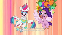 Size: 3072x1727 | Tagged: safe, derpibooru import, screencap, pipp petals, zipp storm, pegasus, pony, g5, my little pony: tell your tale, spoiler:g5, spoiler:my little pony: tell your tale, spoiler:tyts02e02, duo, duo female, female, flying, goggles, heavy is the mane that wears the fruit crown, image, jpeg, mare, microphone, open mouth, open smile, royal sisters (g5), siblings, sisters, smiling, spread wings, wings