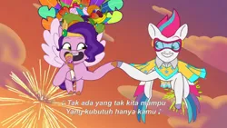 Size: 3072x1727 | Tagged: safe, derpibooru import, screencap, pipp petals, zipp storm, pegasus, pony, g5, my little pony: tell your tale, spoiler:g5, spoiler:my little pony: tell your tale, spoiler:tyts02e02, duo, duo female, female, flying, goggles, grin, heavy is the mane that wears the fruit crown, hoofbump, image, jpeg, mare, microphone, open mouth, open smile, royal sisters (g5), siblings, sisters, smiling, spread wings, wings