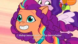Size: 3072x1727 | Tagged: safe, derpibooru import, screencap, pipp petals, sunny starscout, earth pony, pegasus, pony, g5, my little pony: tell your tale, spoiler:g5, spoiler:my little pony: tell your tale, spoiler:tyts02e02, duo, duo female, female, flying, grin, heavy is the mane that wears the fruit crown, image, jpeg, mane stripe sunny, mare, smiling, spread wings, wings