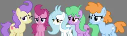 Size: 2326x658 | Tagged: safe, artist:diamond-bases, artist:star polaris and friends, derpibooru import, cranberry pit, cream puff, ginger tea, grape stem, stratus wind, earth pony, pony, base used, best friends, creambetes, cute, derpibooru exclusive, female, friends, g4, gingerbetes, grapebetes, gray background, group, image, mare, older, older cranberry pit, older cream puff, older ginger tea, older grape stem, older stratus wind, png, quintet, simple background, zeppelin children