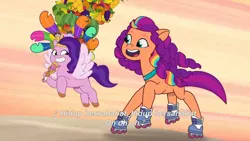 Size: 3072x1727 | Tagged: safe, derpibooru import, screencap, pipp petals, sunny starscout, earth pony, pegasus, pony, g5, my little pony: tell your tale, spoiler:g5, spoiler:my little pony: tell your tale, spoiler:tyts02e02, duo, duo female, female, flying, grin, heavy is the mane that wears the fruit crown, image, jpeg, mane stripe sunny, mare, open mouth, open smile, roller skates, skates, smiling, spread wings, wings