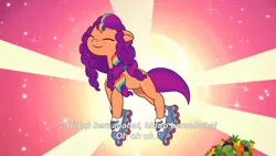 Size: 3072x1727 | Tagged: safe, derpibooru import, screencap, sunny starscout, earth pony, pony, g5, my little pony: tell your tale, spoiler:g5, spoiler:my little pony: tell your tale, spoiler:tyts02e02, eyes closed, female, heavy is the mane that wears the fruit crown, image, jpeg, mane stripe sunny, mare, roller skates, skates, smiling, solo