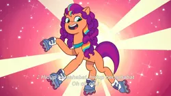 Size: 3072x1727 | Tagged: safe, derpibooru import, screencap, sunny starscout, earth pony, pony, g5, my little pony: tell your tale, spoiler:g5, spoiler:my little pony: tell your tale, spoiler:tyts02e02, female, heavy is the mane that wears the fruit crown, image, jpeg, mane stripe sunny, mare, open mouth, open smile, roller skates, skates, smiling, solo