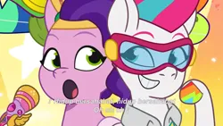 Size: 3072x1727 | Tagged: safe, derpibooru import, screencap, pipp petals, zipp storm, pegasus, pony, g5, my little pony: tell your tale, spoiler:g5, spoiler:my little pony: tell your tale, spoiler:tyts02e02, :o, duo, duo female, female, goggles, grin, heavy is the mane that wears the fruit crown, image, jpeg, mare, microphone, open mouth, royal sisters (g5), siblings, sisters, smiling