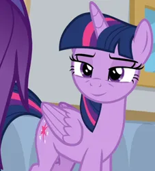 Size: 764x842 | Tagged: safe, derpibooru import, edit, edited screencap, editor:twilyisbestpone, screencap, twilight sparkle, twilight sparkle (alicorn), alicorn, pony, friendship university, season 8, spoiler:s08, cropped, female, g4, image, inverted mouth, lidded eyes, mare, png, smiling, solo focus