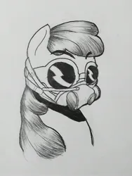 Size: 2224x2965 | Tagged: safe, anonymous artist, derpibooru import, apple bloom, earth pony, pony, bust, female, filly, foal, gas mask, grayscale, image, jpeg, mask, monochrome, portrait, solo, traditional art