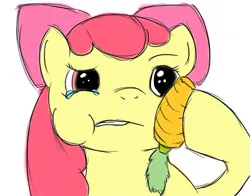 Size: 504x396 | Tagged: safe, artist:bees, derpibooru import, apple bloom, earth pony, pony, carrot, female, filly, foal, food, image, jpeg, simple background, solo, teary eyes, white background