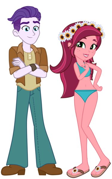 Size: 1027x1645 | Tagged: safe, artist:ajosterio, artist:gmaplay, derpibooru import, edit, vector edit, dirk thistleweed, gloriosa daisy, human, accountibilibuddies, equestria girls, equestria girls series, spoiler:eqg series (season 2), accountibilibuddies: rainbow dash, belly button, bikini, clothes, female, g4, image, male, midriff, png, sandals, ship:thistledaisy, shipping, simple background, straight, swimsuit, transparent background, vector