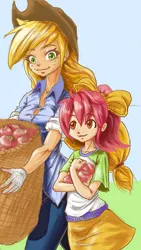 Size: 720x1280 | Tagged: safe, artist:브로니ceo, derpibooru import, apple bloom, applejack, human, apple, apple sisters, bucket, clothes, female, food, freckles, gloves, humanized, image, jpeg, siblings, sisters